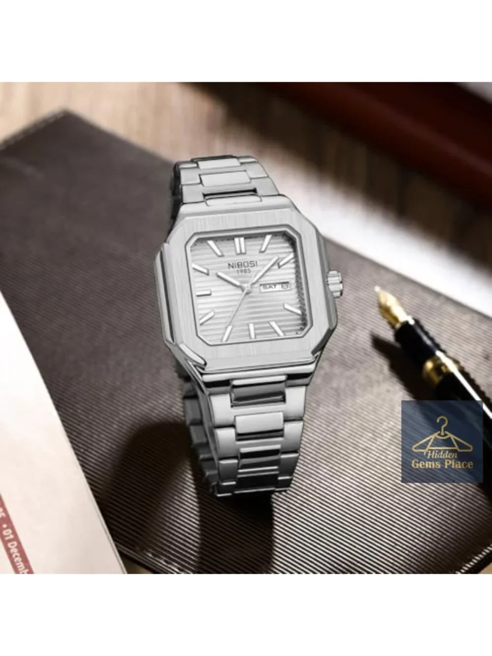 Men's Square Analog Quartz Watch Stainless Steel Day Date Classic Dress Wrist